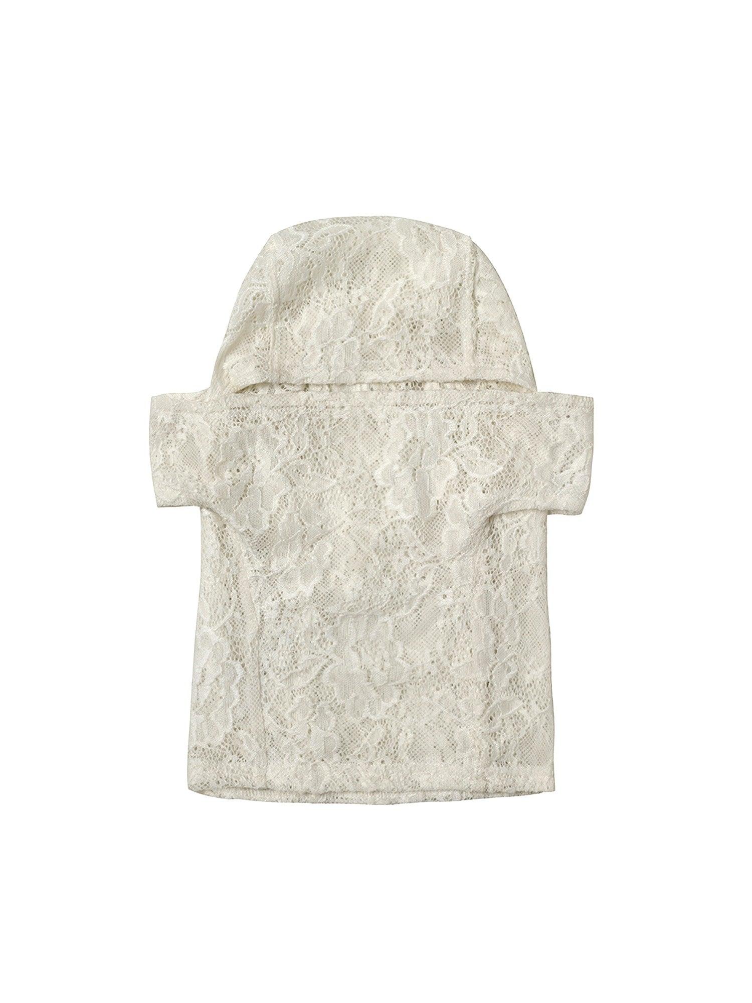 A semi-sheer white lace top with an attached lace hood mask is shown on a white background, featuring short, off-the-shoulder sleeves.