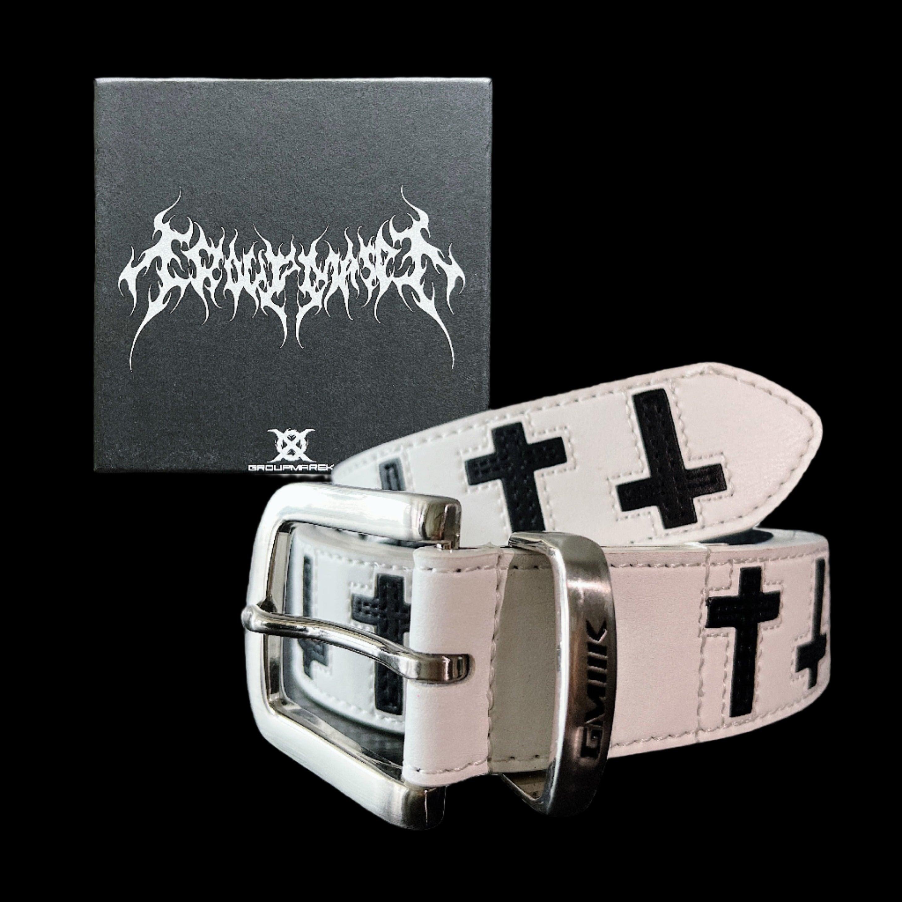 white Leather Cross Belt being rolled at Dekayed.