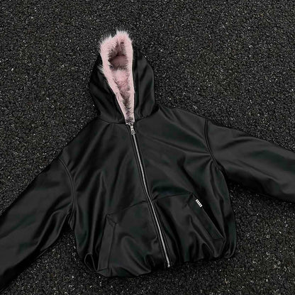Leather Pink Fur Hooded Quilted Jacket - Dekayed