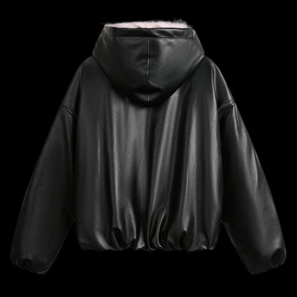 Leather Pink Fur Hooded Quilted Jacket - Dekayed
