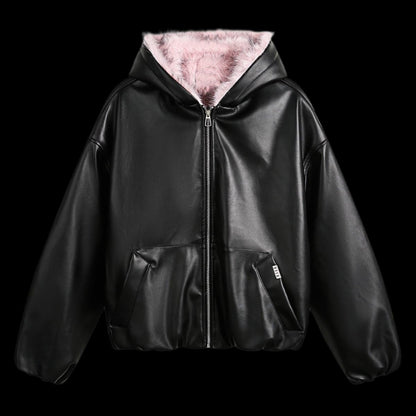 Leather Pink Fur Hooded Quilted Jacket - Dekayed