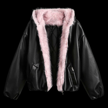 Leather Pink Fur Hooded Quilted Jacket - Dekayed