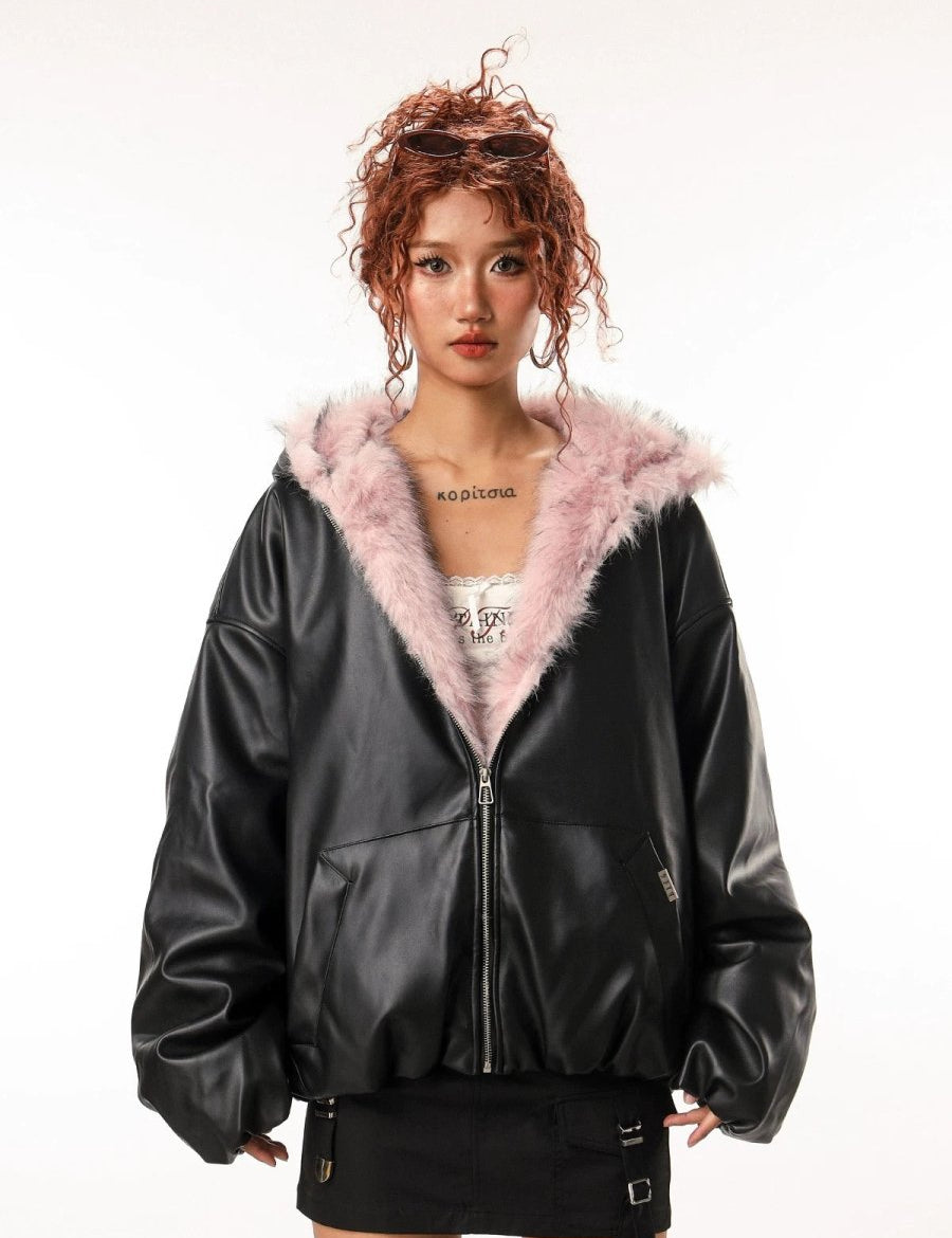 Leather Pink Fur Hooded Quilted Jacket - Dekayed