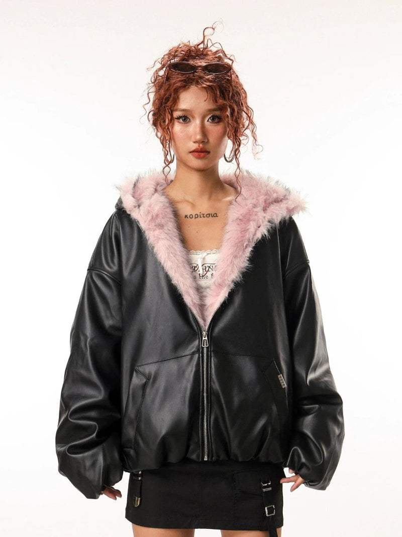 Leather Pink Fur Hooded Quilted Jacket - Dekayed
