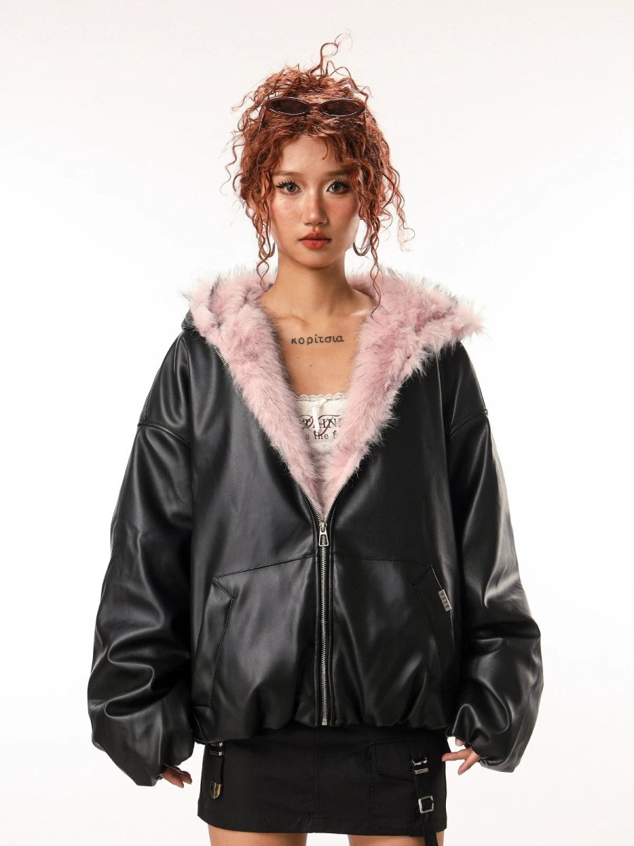 Leather Pink Fur Hooded Quilted Jacket - Dekayed