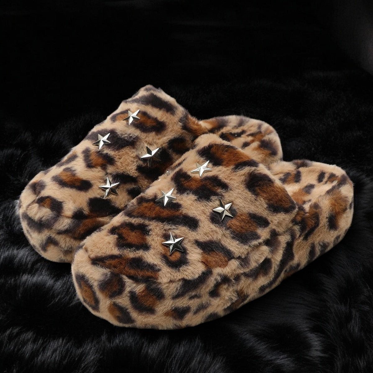 Leopard Star Fur Slippers - Dekayed