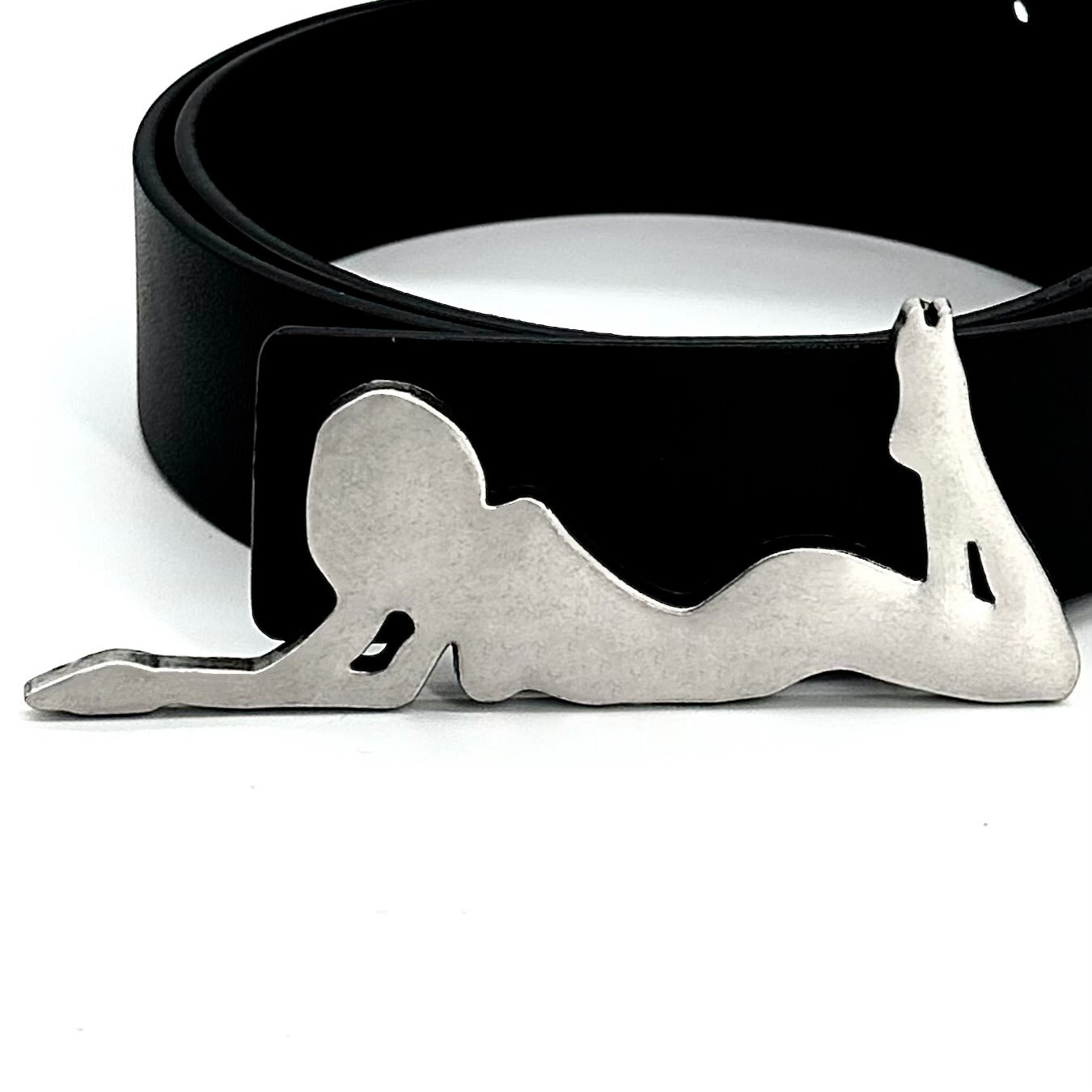 white background playboy belt closer caption.