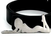 white background playboy belt closer caption.