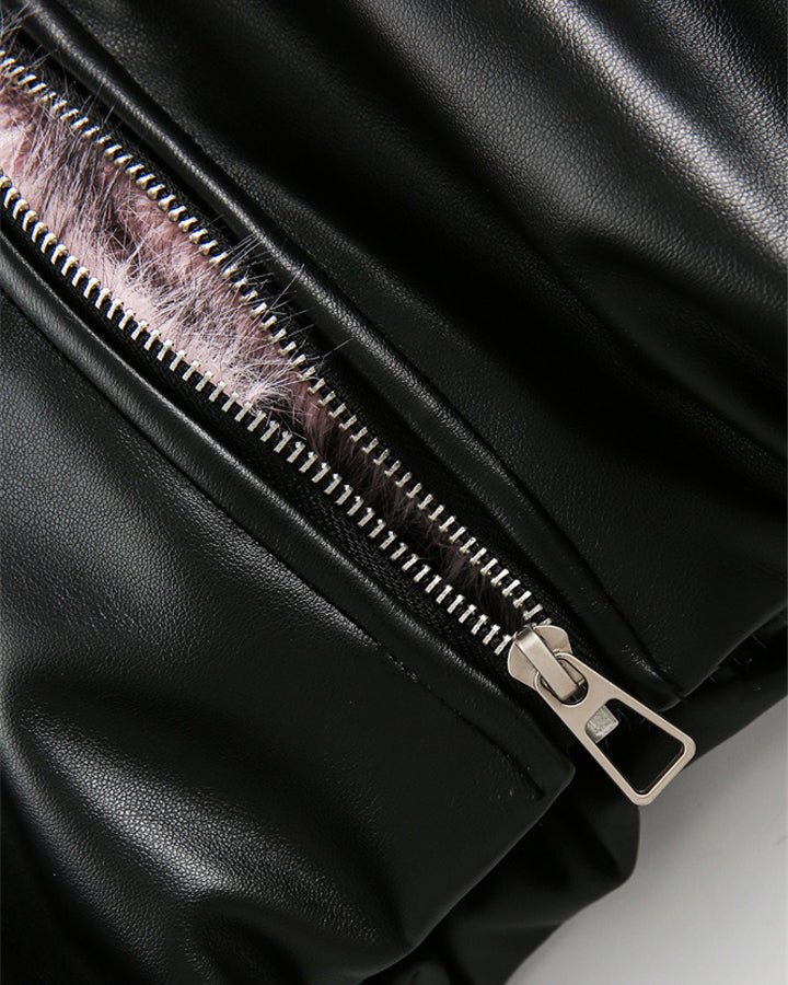 PU Leather Fur Collar Hooded Jacket - Dekayed