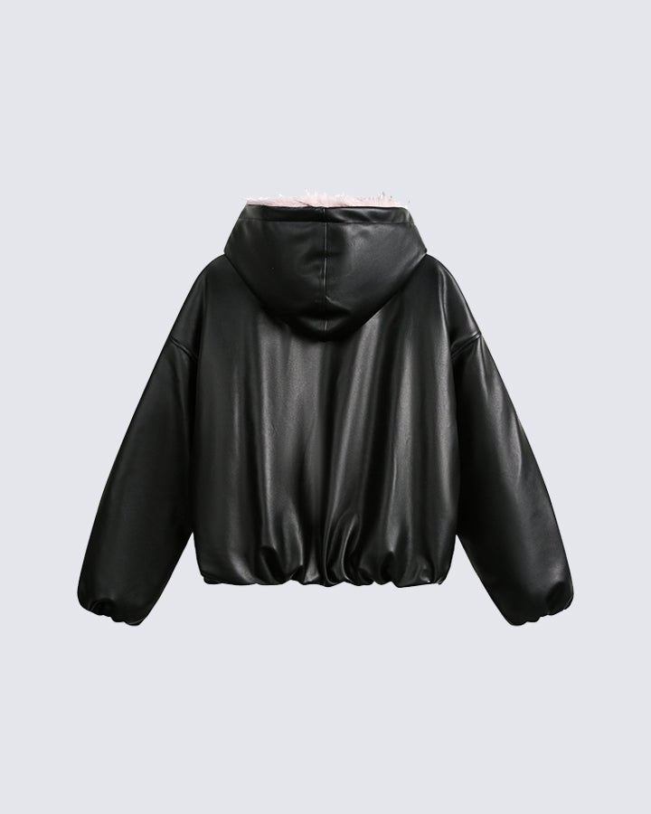PU Leather Fur Collar Hooded Jacket - Dekayed