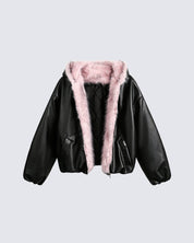 PU Leather Fur Collar Hooded Jacket - Dekayed