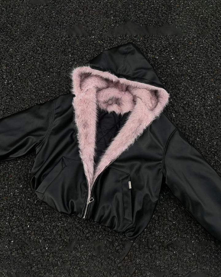 PU Leather Fur Collar Hooded Jacket - Dekayed