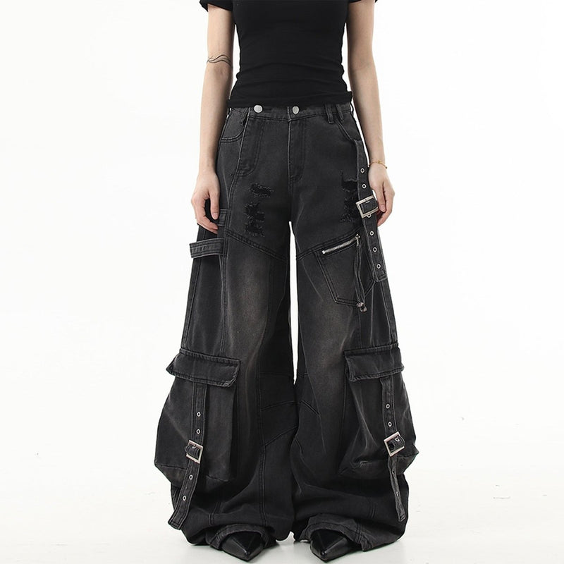 Ribbon Design Ripped Baggy Jeans - Dekayed