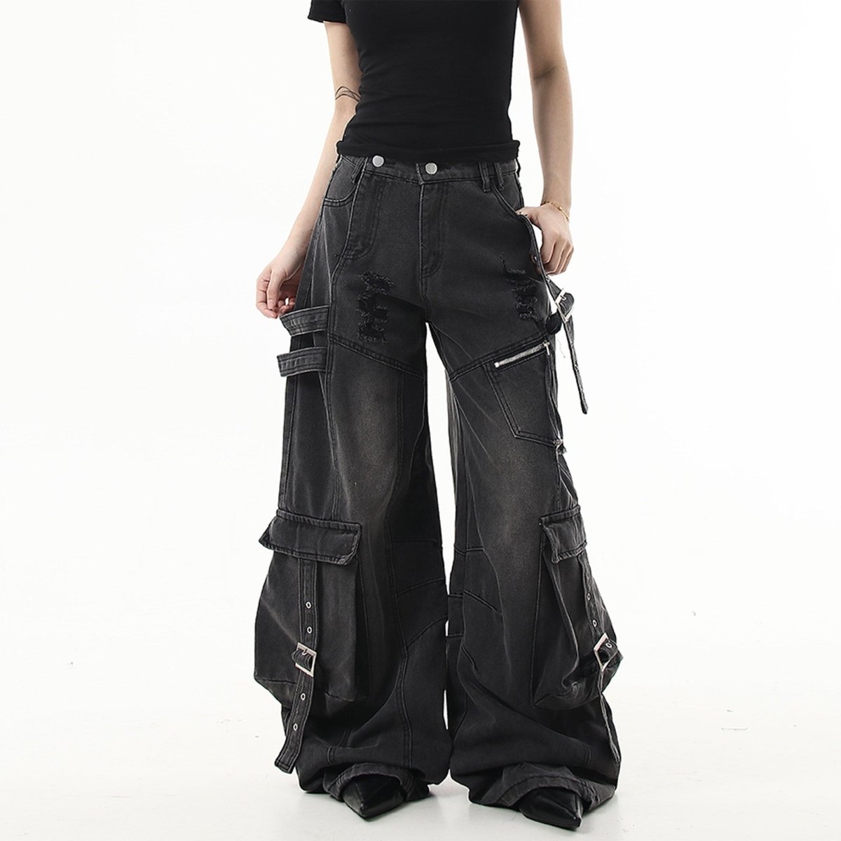 Ribbon Design Ripped Baggy Jeans - Dekayed