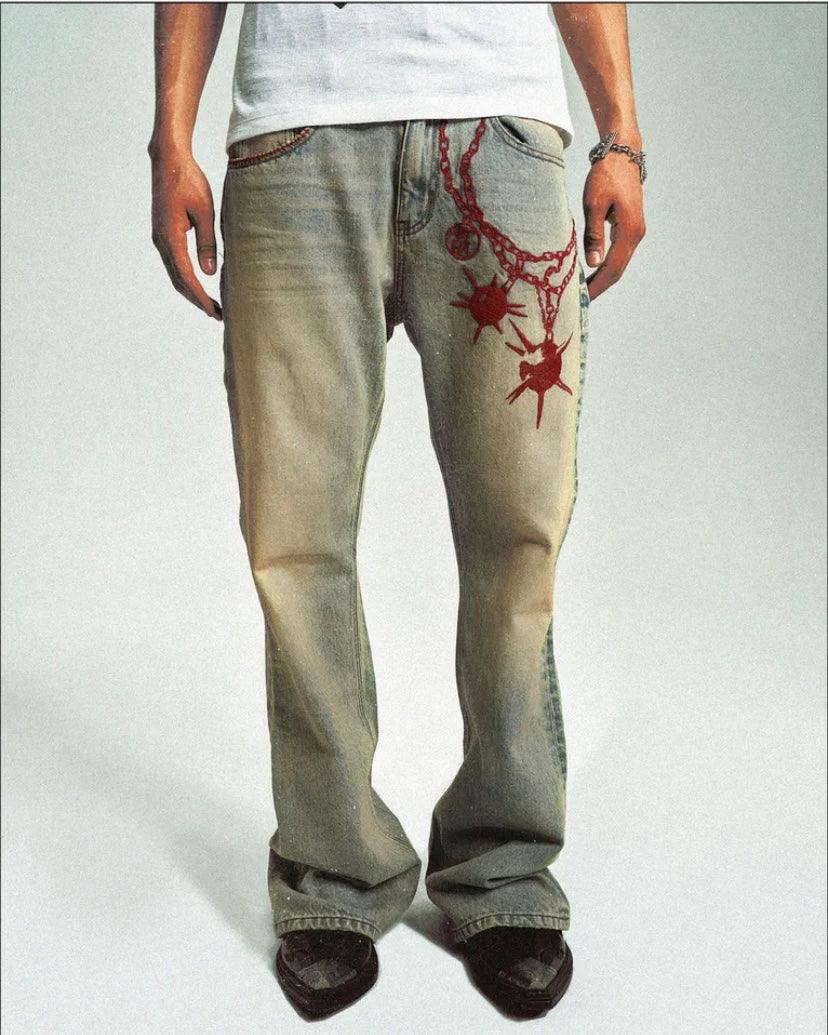 Vintage Bola Chain Embroidery Distressed Jeans (Slim Fit) - Dekayed