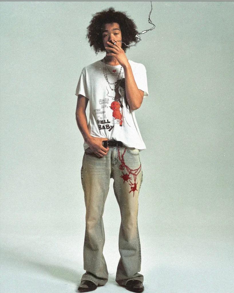 Vintage Bola Chain Embroidery Distressed Jeans (Slim Fit) - Dekayed