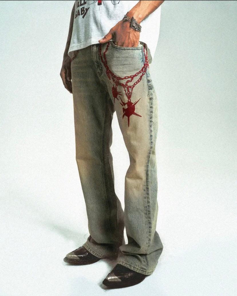 Vintage Bola Chain Embroidery Distressed Jeans (Slim Fit) - Dekayed