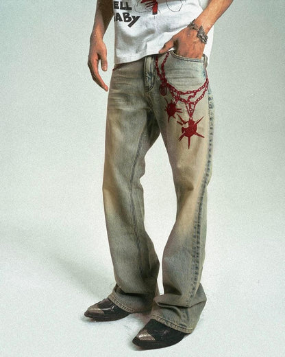 Vintage Bola Chain Embroidery Distressed Jeans (Slim Fit) - Dekayed