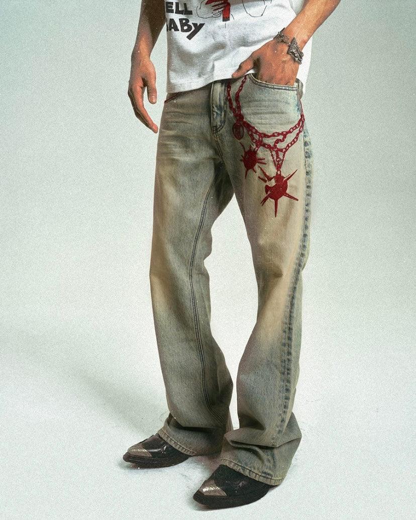 Vintage Bola Chain Embroidery Distressed Jeans (Slim Fit) - Dekayed