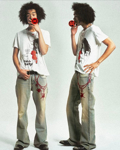 Vintage Bola Chain Embroidery Distressed Jeans (Slim Fit) - Dekayed