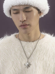 A person wearing a white fluffy hat and sweater is seen with eyes closed, showcasing a "VSCH Lucky Star Necklace" with a star-shaped pendant.