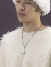 A model wearing a white fuzzy hat and sweater presents the "VSCH Lucky Star Necklace," featuring a prominent star pendant.