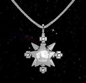 A detailed "VSCH Lucky Star Necklace" with a shiny silver star pendant, featuring an engraved face and diamond-studded cross elements, hangs against a starry background.