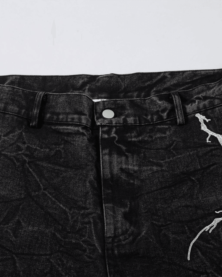 Washed Heavy Embroidery Denim Pants - Dekayed